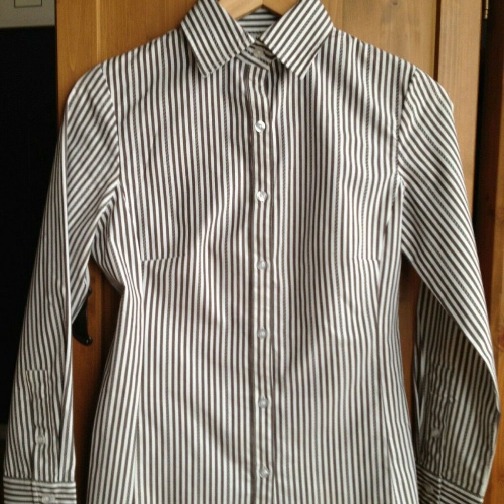 CABI Gray & White Stripe Tapered Dress Shirt